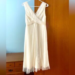 Midi white dress with stunning overlay! Perfect for a bridal shower!